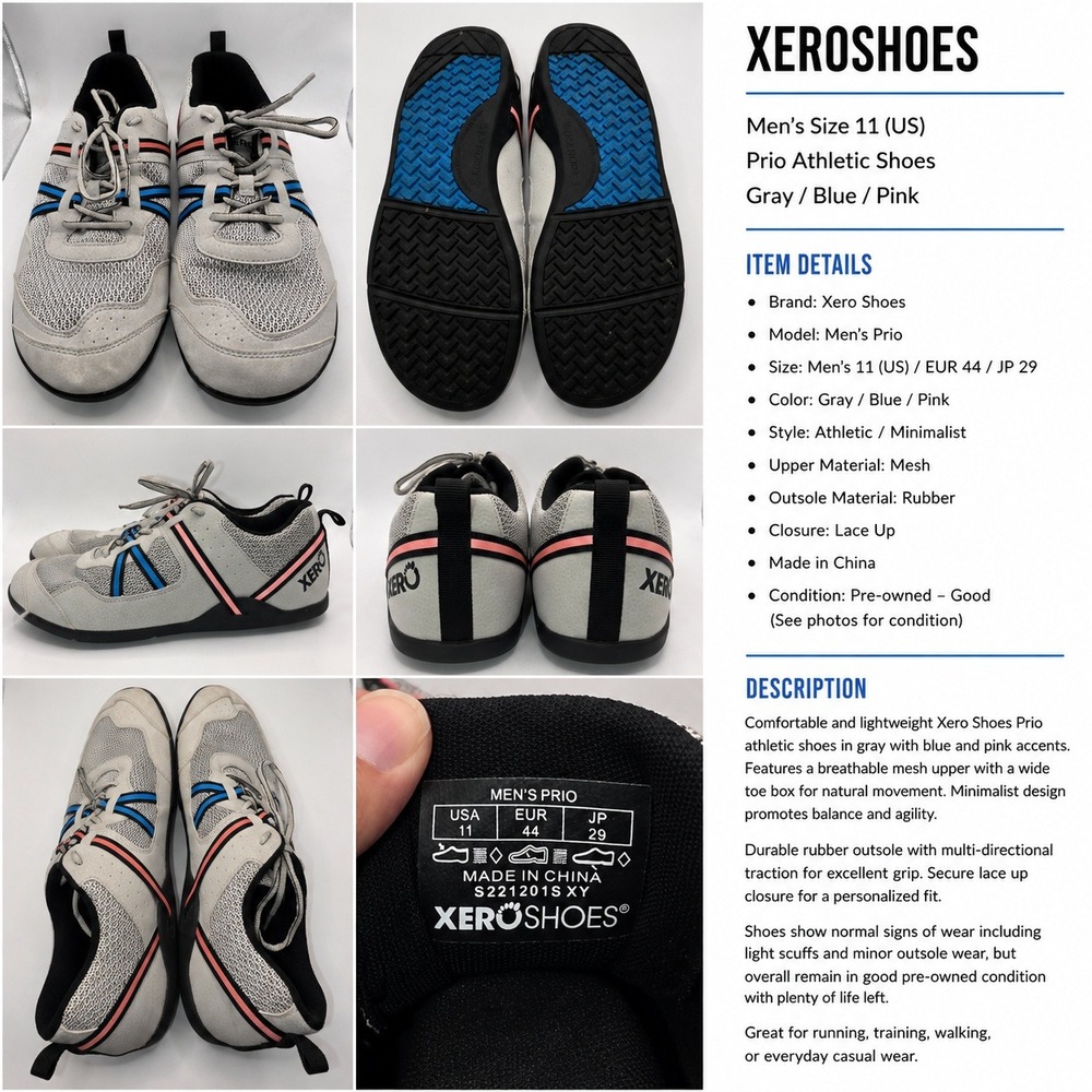 Xero Shoes Prio Mens 11 Gray Blue Pink Minimalist Barefoot Athletic S221201S XY